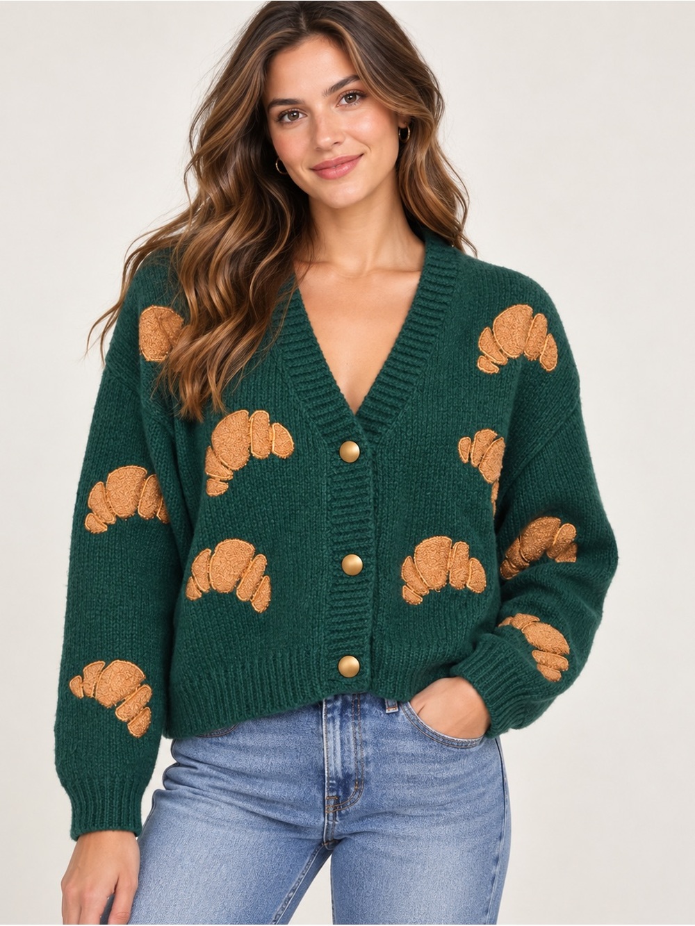 Luna Ivy Green Croissant Motif Button-Front Sweater Cardigan NWT Size Small